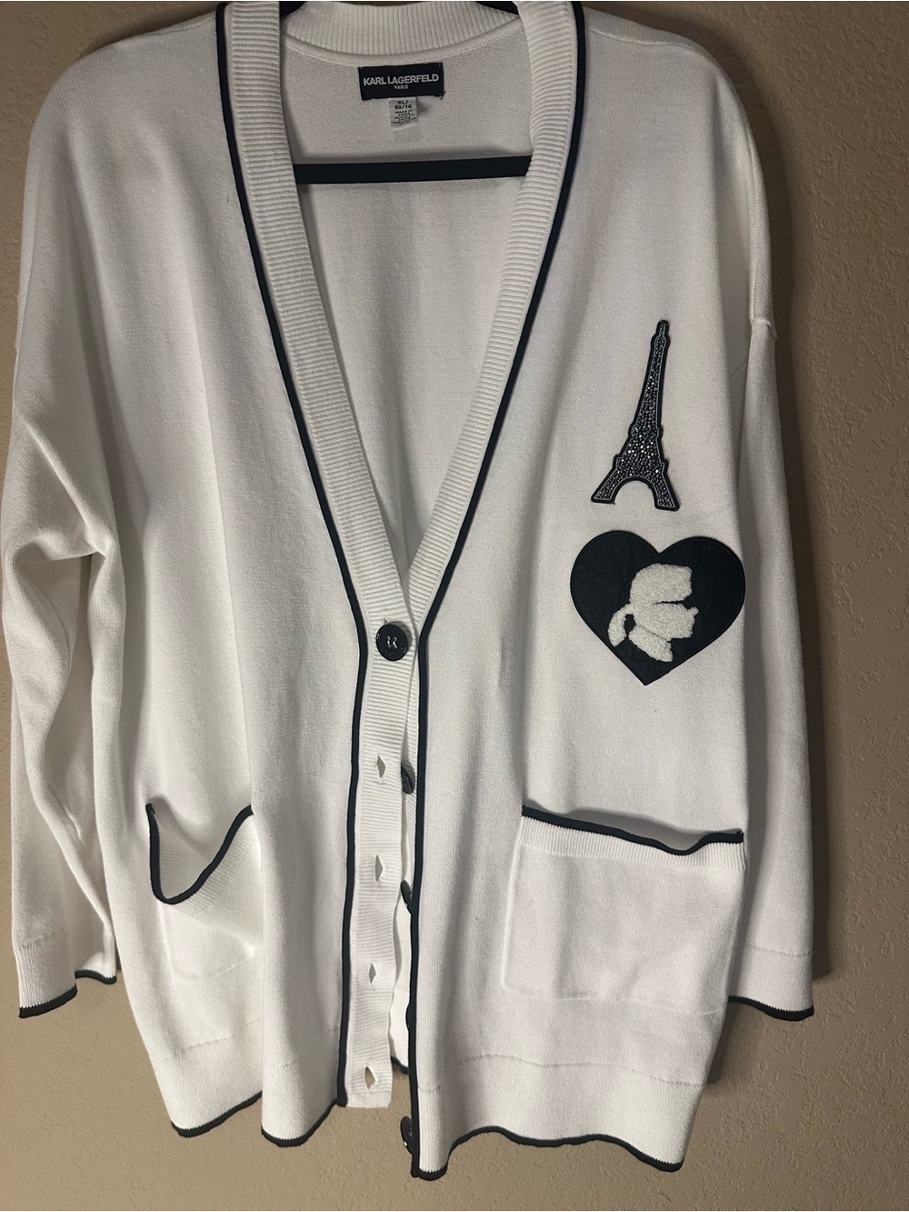Karl Lagerfeld White Cardigan with Black Trim and Paris Appliqués XL